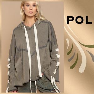 POL French Terry Hoodie Top Criss Cross Laces Down Sleeves Raw Hem